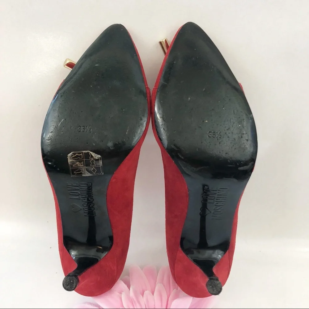 Love Moschino Red Suede Leather Heart Stiletto Heels Pumps